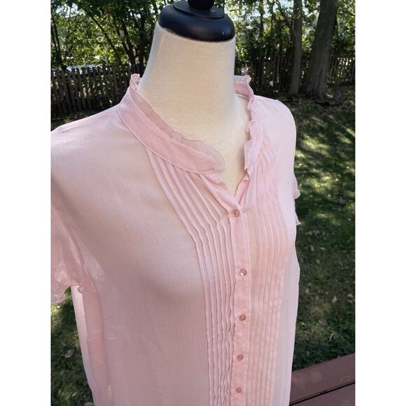 Worthington Womens Light Pink Sheer Button-Up Blouse With Ruffle Collar & Pintuc - Picture 2 of 12